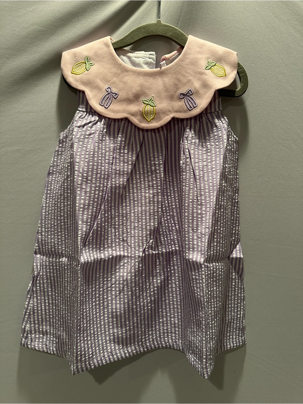 Lilac Striped Sleeveless Dress with Pink Embroidered Collar with matching bow